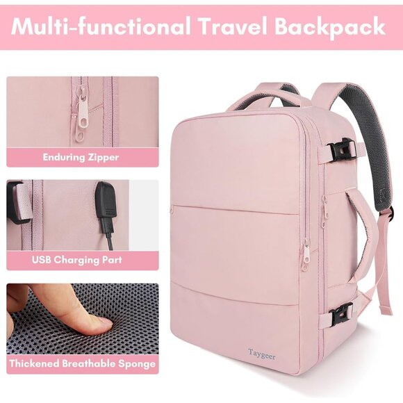 ✨Women Pink Travel Backpack with USB Charging Port & Shoe Pouch 15.6inch Bags main image 4